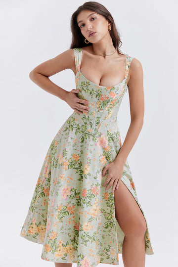 Woochic robe cocktail imprimée à bretelles fendue vert 8 S